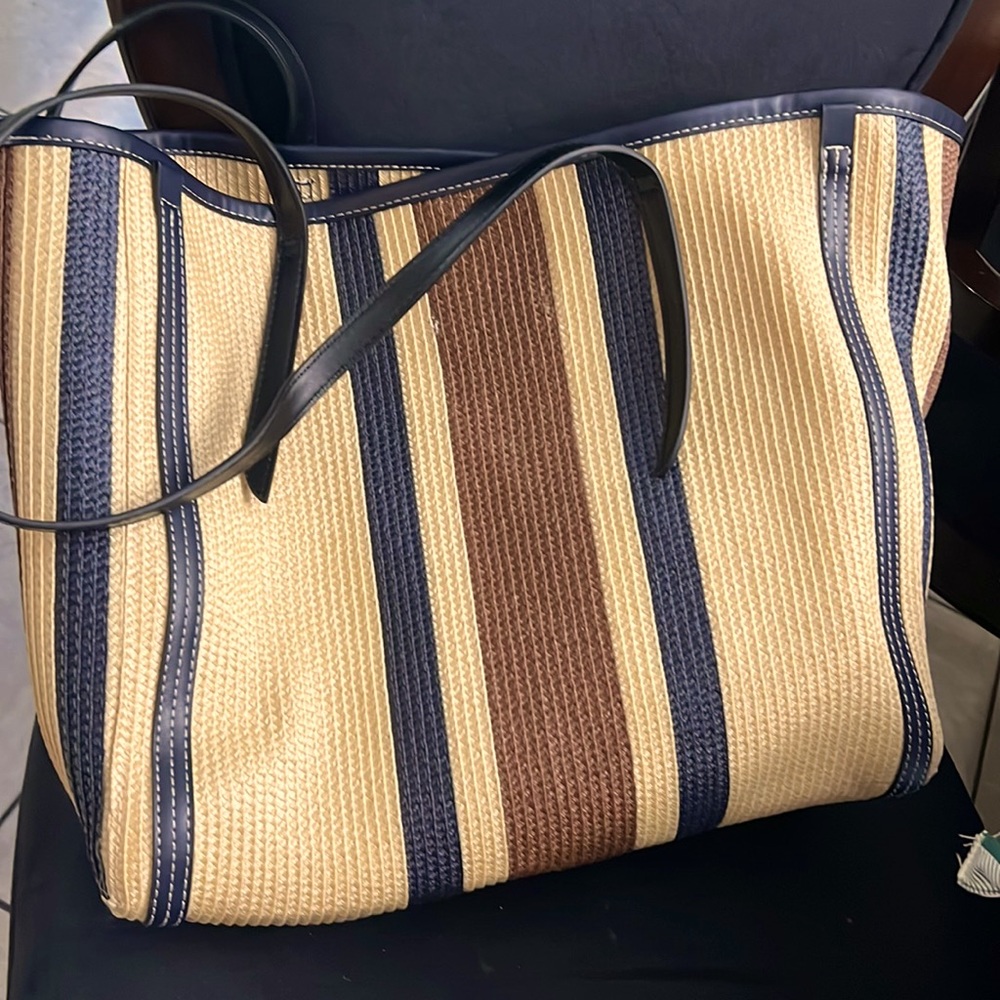 Zara Striped Straw Tote in Beige, Navy & Brown - Picture 2 of 3